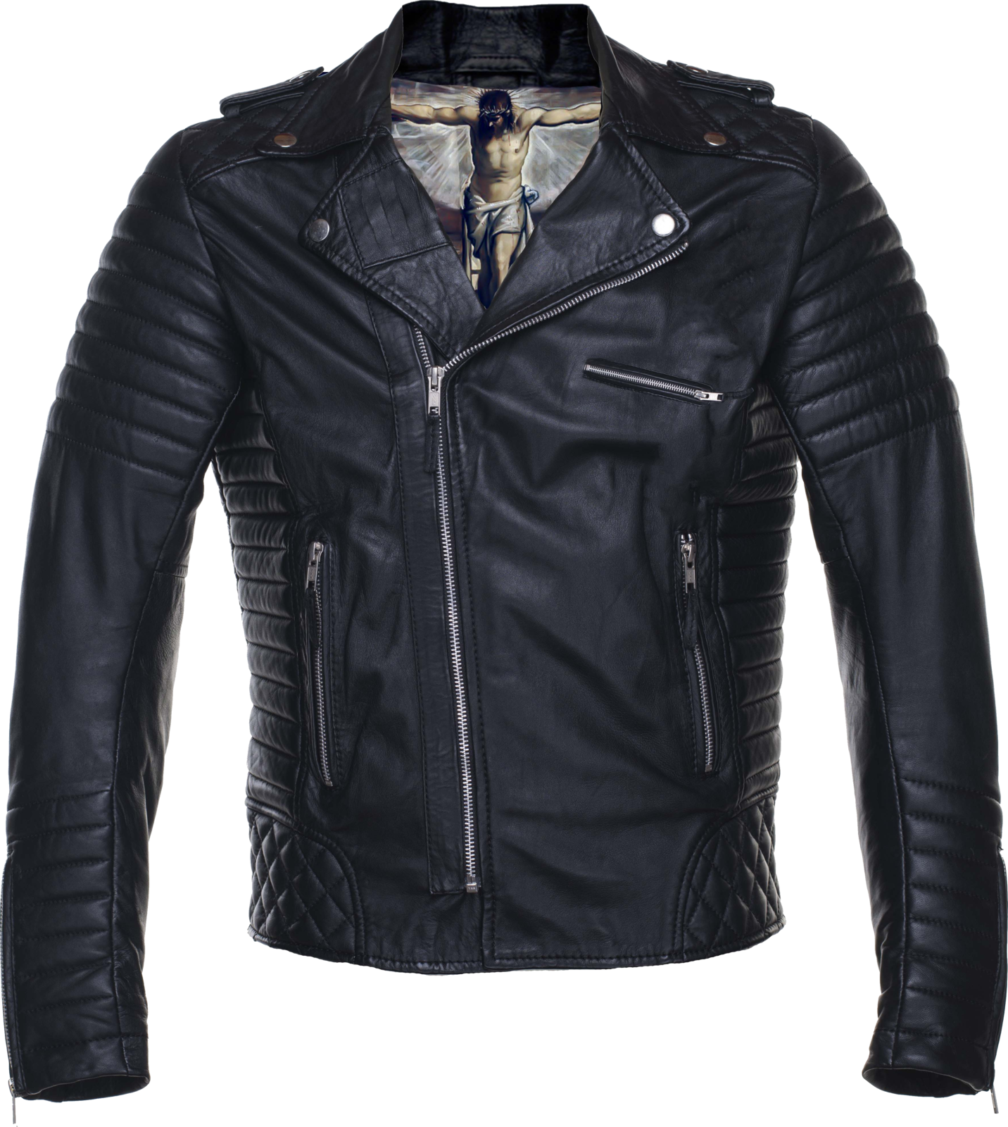 Ghost leather jacket, front, black with ribbed arms