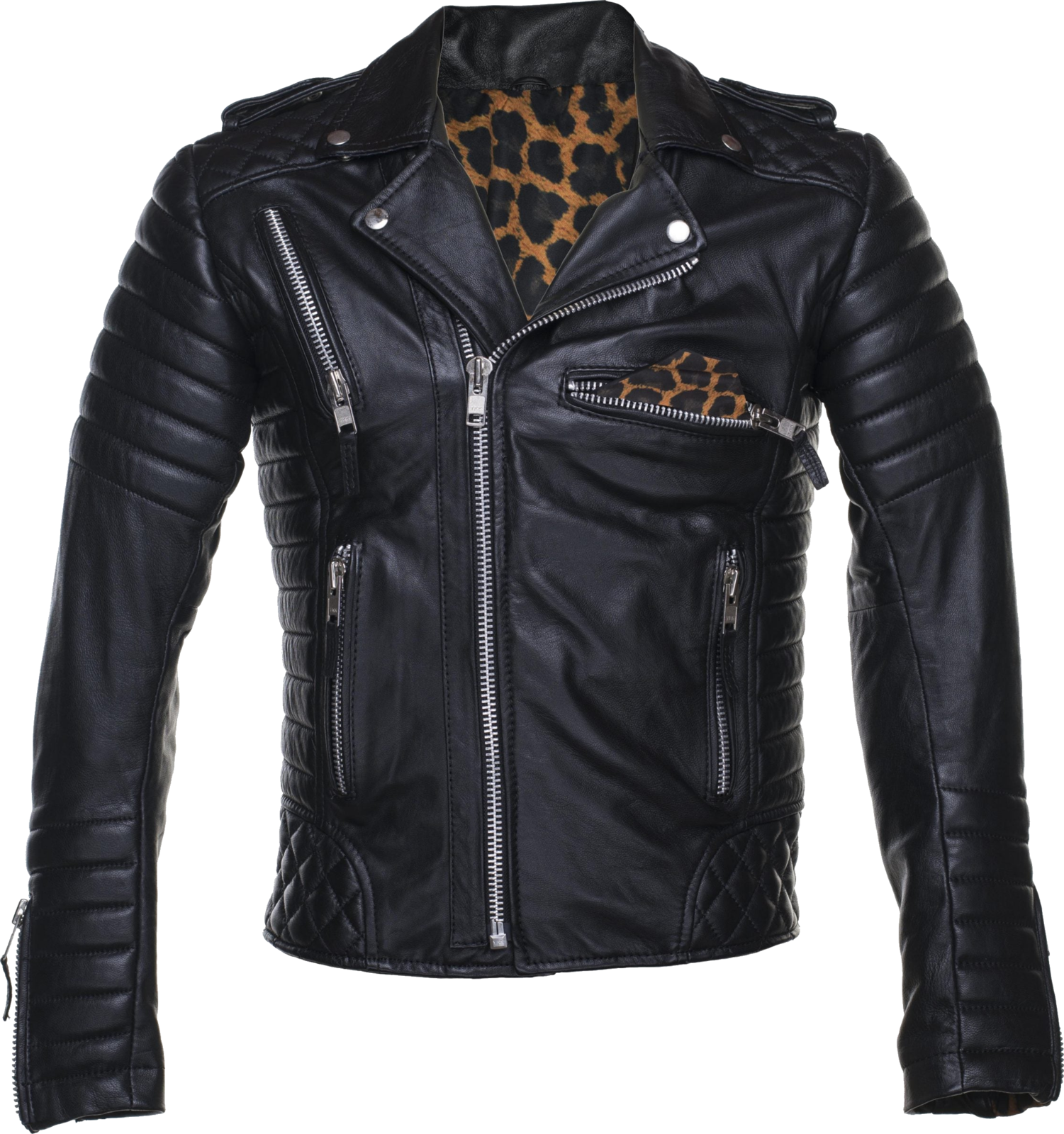 Predator leather jacket, front, black Ghost design with animal print pocket square