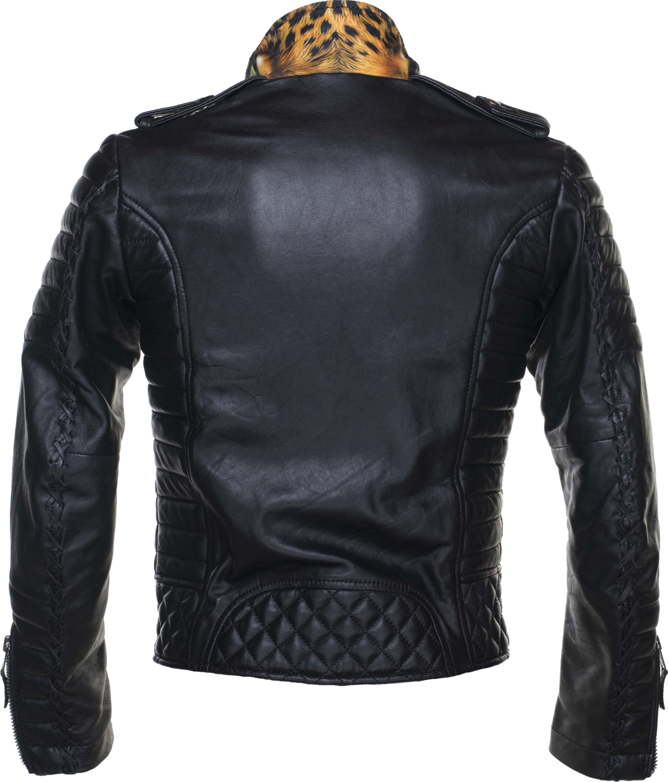 Predator leather jacket, back, black with ribbed sleeve stitching